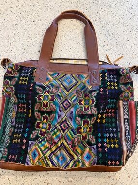 Nena & Co. Multicolor Woven Tote with Brown Leather Handles